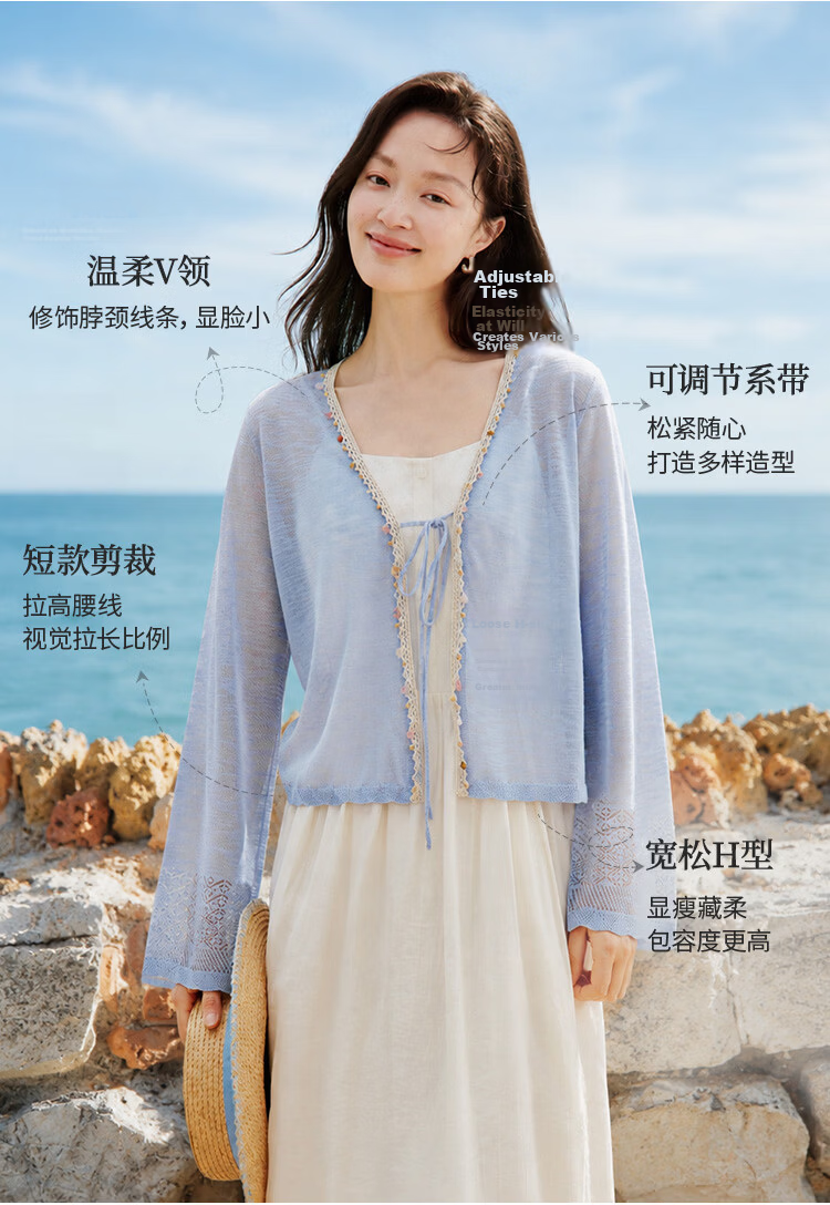 INMAN Beaded Knit Cardigan Summer 2026 Women's Hollow Long Sleeve Flower Apricot M 13