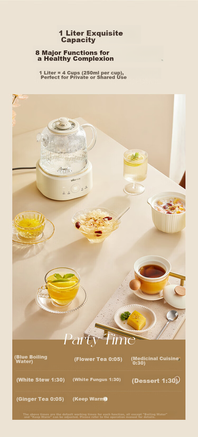 Bear Full Glass Health Pot Thermostatic Kettle YSH-P10Q7 Multifunctional Office Tea Kettle Flower Tea Pot Health Cup 24h Insulation 1L 15