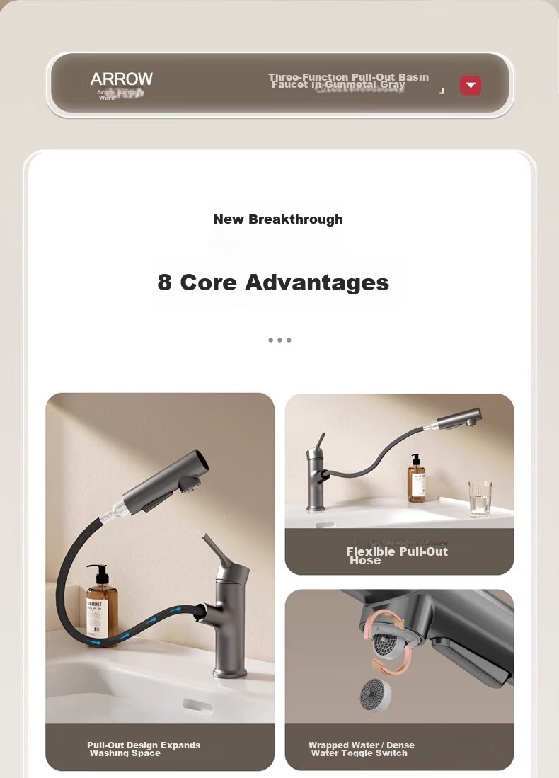 ARROW YJ Multifunctional Pull-Out Hidden Basin Faucet Single Handle Hot and Cold Mixer Tap for Washbasin 3