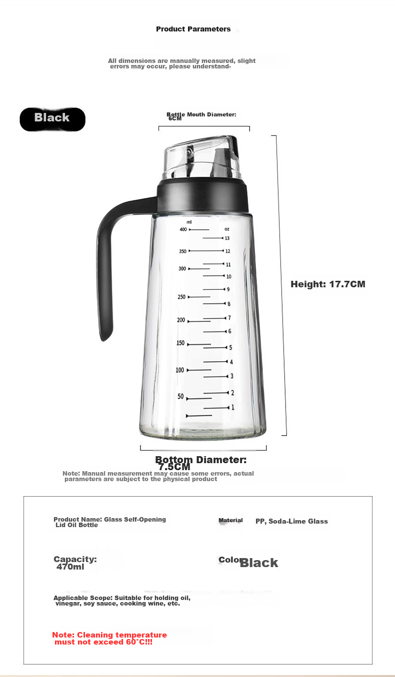 Mengtin Automatic Opening and Closing Oil Dispenser Kitchen Glass Pouring Bottle Soy Sauce Vinegar Seasoning Bottle Oil Container 470ML 8