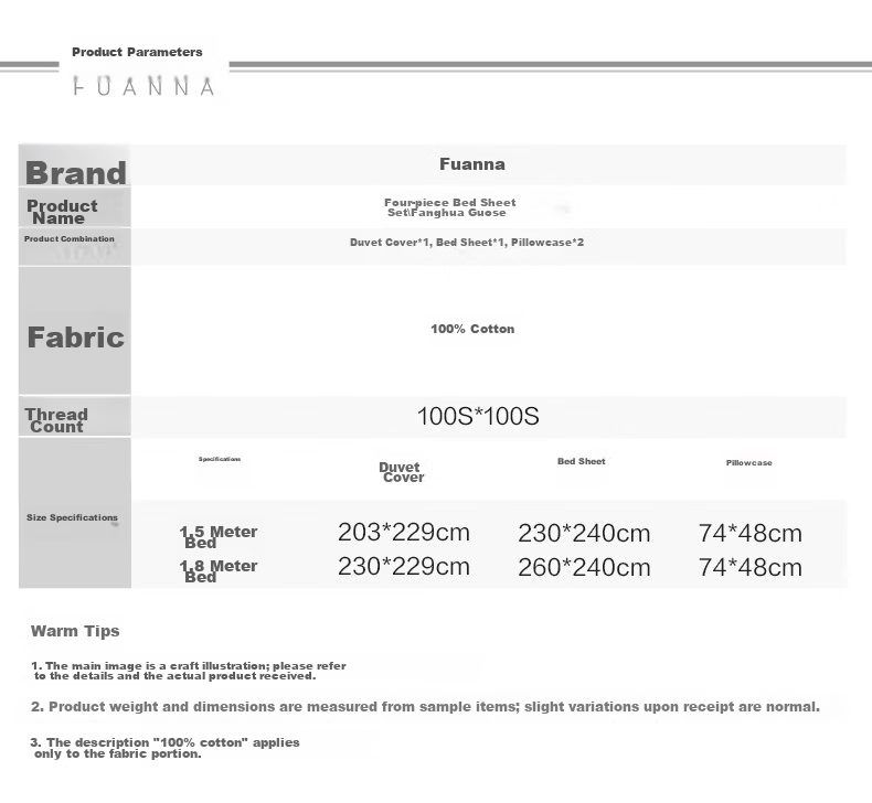 Fuanna 100s Long-Staple Cotton Four-Piece Bedding Set A-Class Single/Double/King Size 203×229cm 12