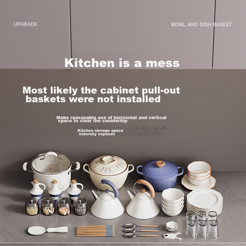 Sijimuge Pull-Out Basket Kitchen Drawer 304 Stainless Steel Double-Layer Dish and Spice Rack Cabinet Basket 6