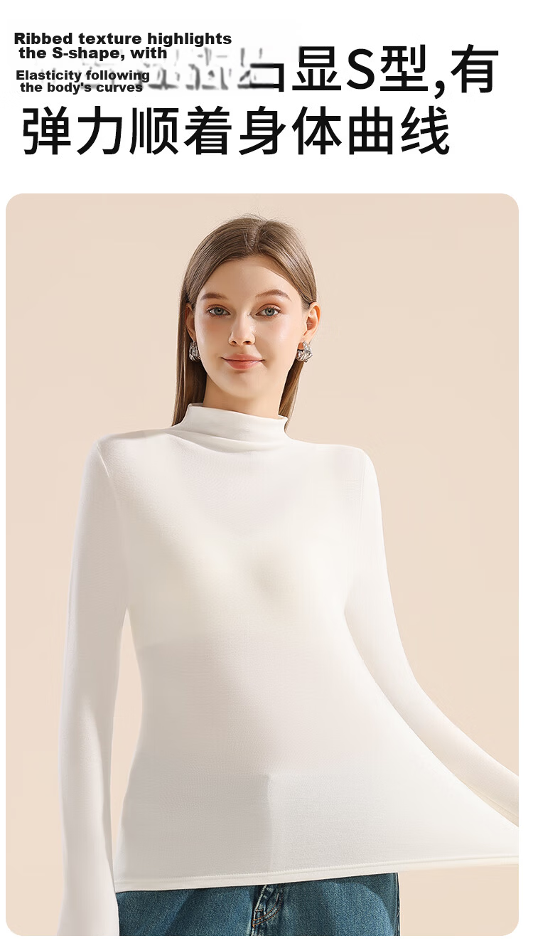 MiiOW New Thermal Velvet Women's Base Layer Long Sleeve Turtleneck Ribbed Stretch Slim Fit Top White M 8
