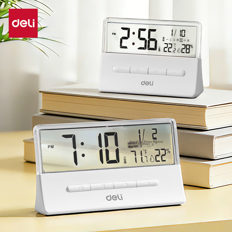 Deli Student Alarm Clock Electronic Desktop Smart Table Clock Children's Bedroom Bedside Clock Ins Style Real-time Temperature and Humidity Back to School Essential - LE124 White