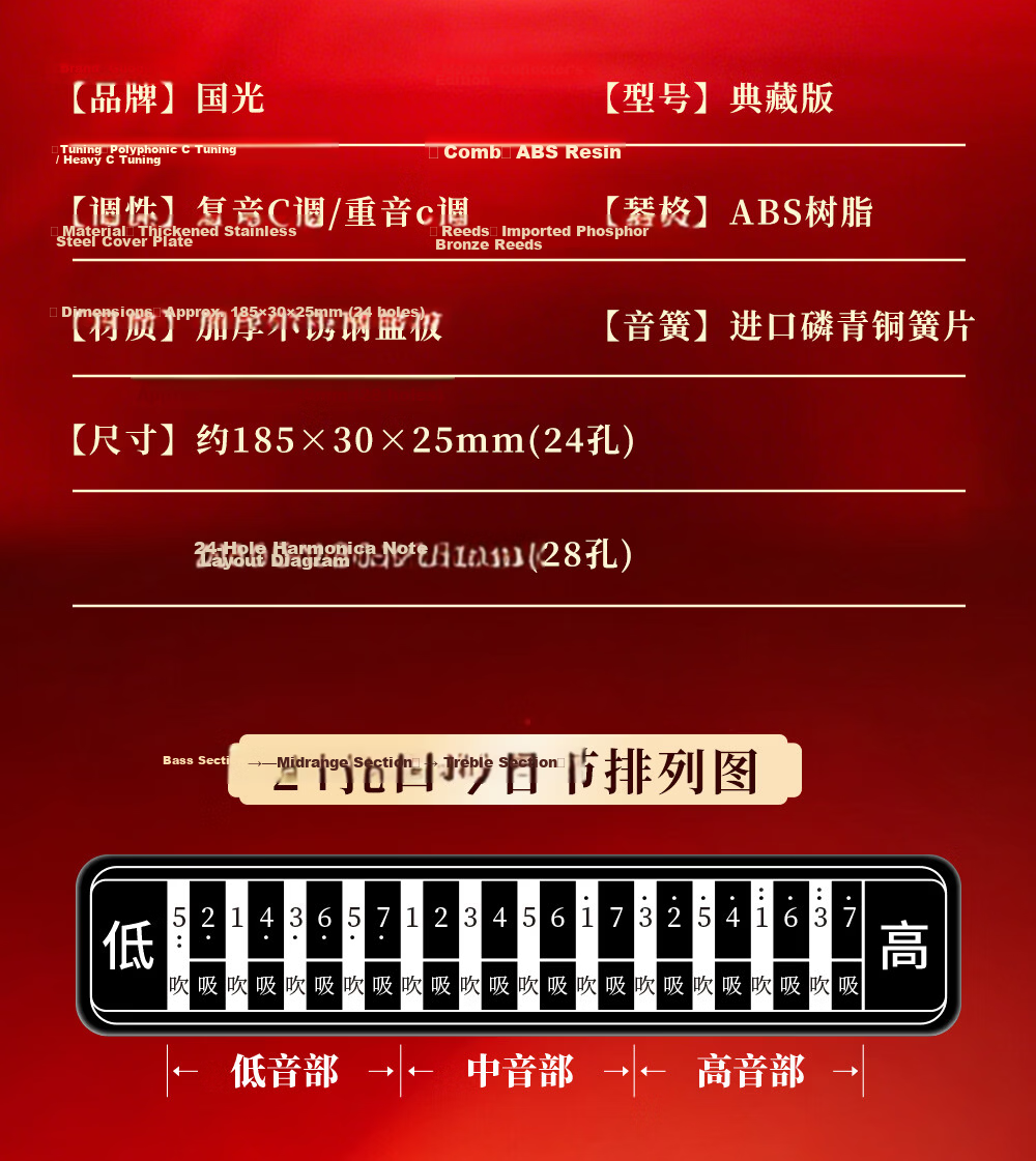 Guoguang Classic Edition Chinese Dragon 28-Hole Wide Range Polyphonic C Key Brushed Copper Cover Harmonica 13