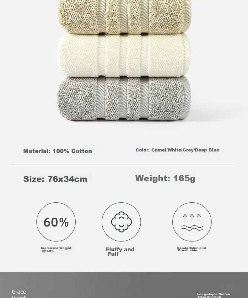 Grace 10A Antibacterial Towels, 3 Pack, Extra Large, Skin-Friendly, Breathable, Quick-Drying, Soft, Unisex Face Towels 5