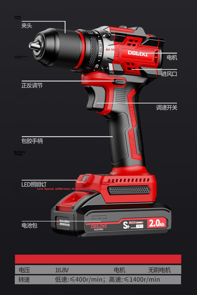 DELIXI Brushless Cordless Lithium Drill Rechargeable Electric Screwdriver Multifunctional Handheld Power Drill 31