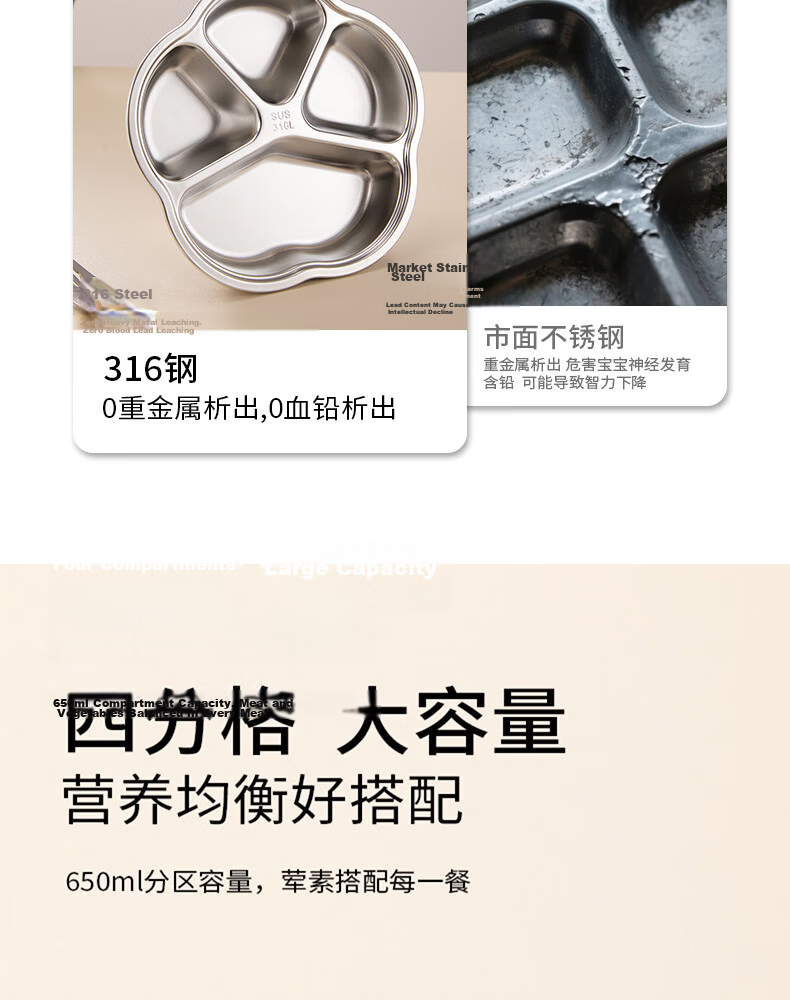 COOKSS Kids Baby Plate 316 Stainless Steel Infant Feeding Divided Plate 4