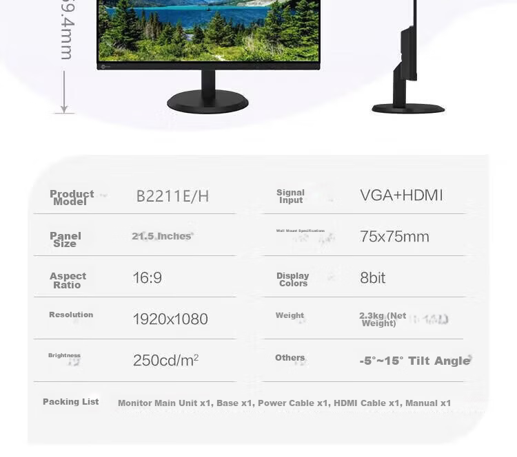 Lecoo Lenovo Laikuo Monitor 21.5-inch Full HD Screen HDMI Dual Ports Slim Bezel Wall-Mountable 75Hz Refresh Rate XQ22e 12