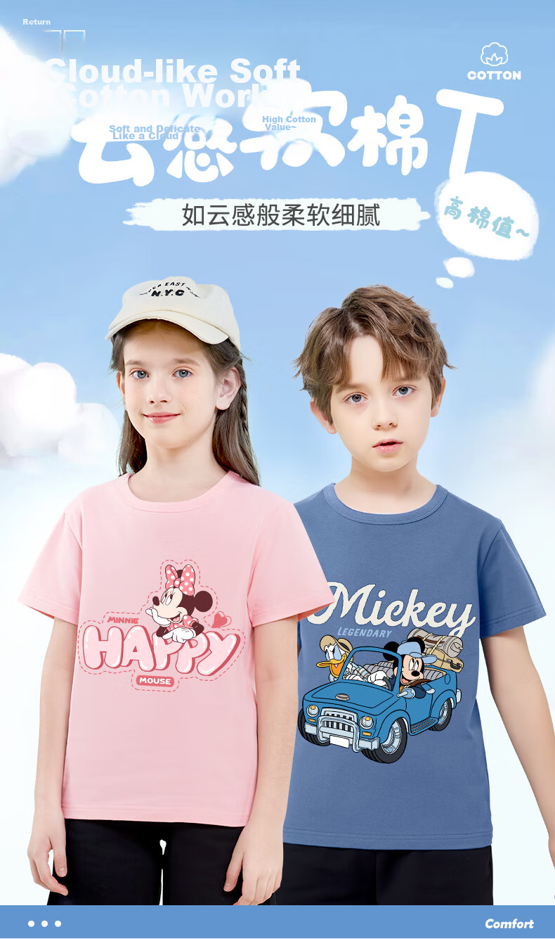 Disney Kids Sportswear 2026 Summer New Comfortable Cotton Girls Short Sleeve T-Shirt Loose Boys Summer Outfit 2