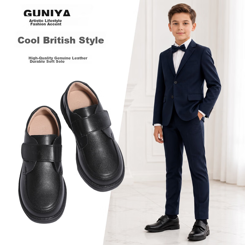 Guniya Boys Leather Shoes Children's Soft Sole British Style Genuine Leather New School Performance Shoes Black Size 30