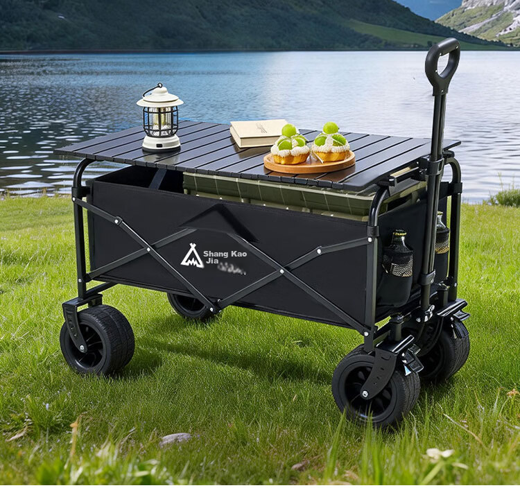 Suncojia Outdoor Camping Folding Cart with Table Board, Picnic Camp Cart, Baby Stroller, Stall Cart, Cargo Delivery Trolley, Flatbed Cart 2