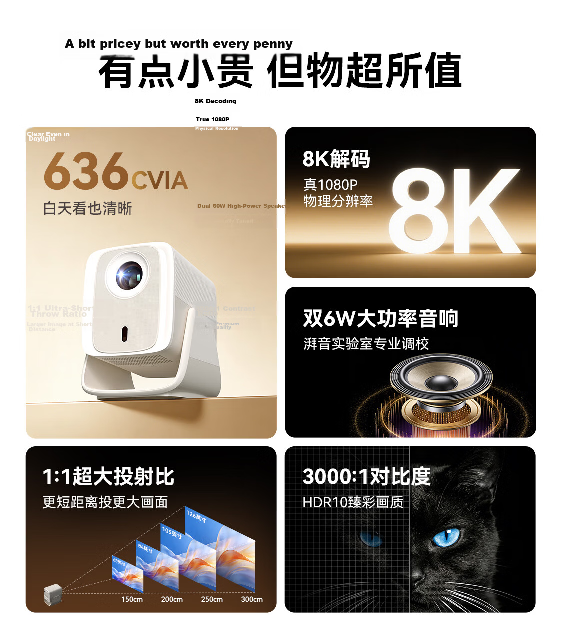 Xiaopai H6 Home Projector 636CVIA Official Certified High Brightness True 1080P HD 8K Decoding Smart Portable Bedroom Dormitory Home Theater Projector 8