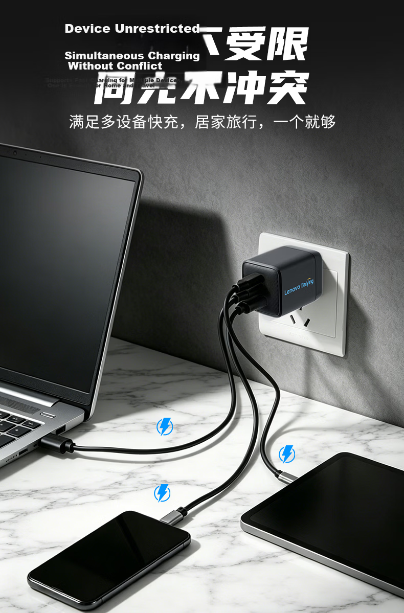 Lenovo 65W GaN Charger Laptop 65W GaN Charger Set Dual-Port Mobile Phone Tablet Portable Type-C Adapter PD Fast Charging 3