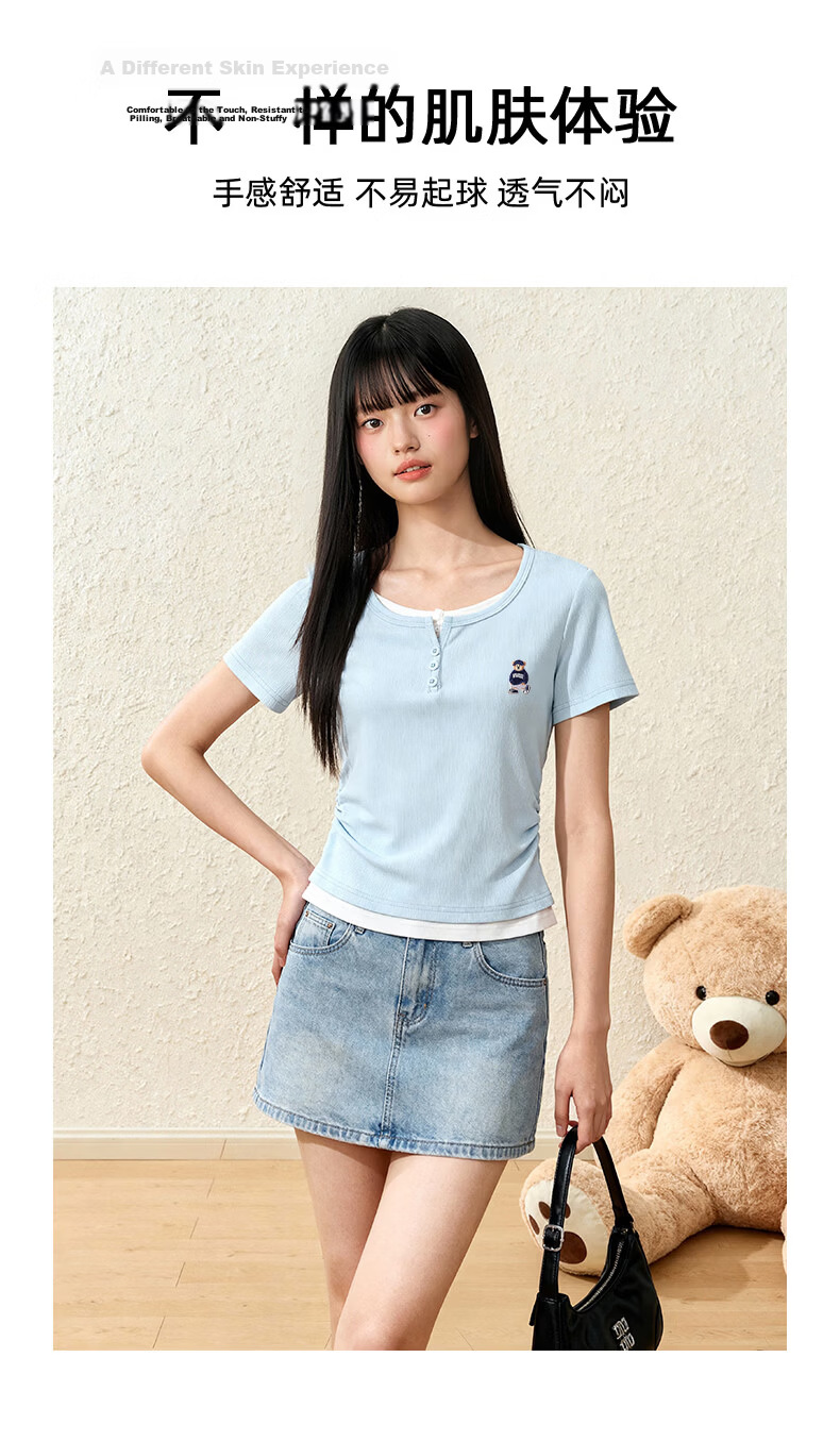 SPAO Bear Print Faux Two-Piece Colorblock Short Sleeve T-Shirt Women 2026 Summer Slim Ruched Shoulder College Style Crop Top 5