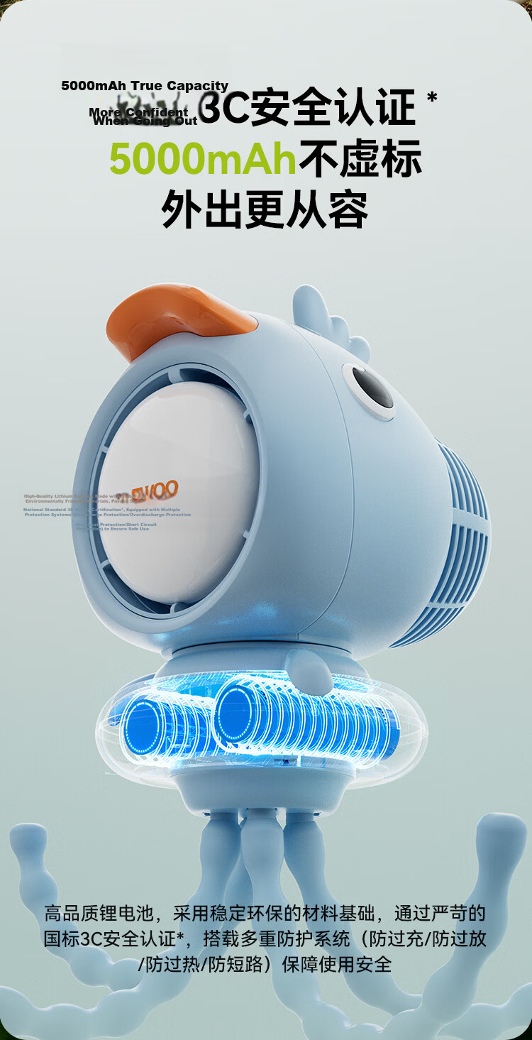 DAEWOO 【26th Anniversary New】Octopus Baby Stroller Bladeless Fan Rechargeable Portable Long Battery Life Oscillating Children's Small Fan F48-BLY 5