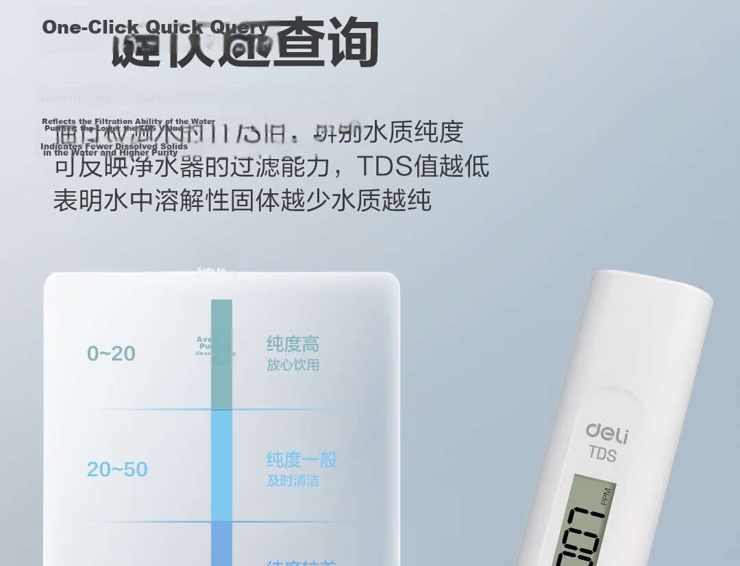 Deli TDS Water Quality Tester Pen High Sensitivity Digital Water Temperature Meter for Home Tap and Purified Water Detection Instrument 10