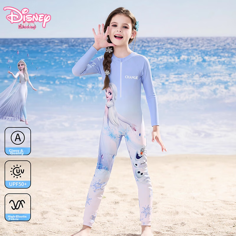 Disney Kids Girls One-Piece Long Sleeve Long Pants Sunscreen Swimwear Class A D35052 Elsa Princess Blue 140