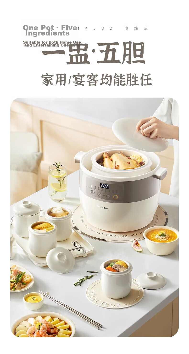 Bear Electric Ceramic Slow Cooker Large Capacity 3-5 People Stew Pot Soup Cooker White Porcelain Electric Stew Pot 9