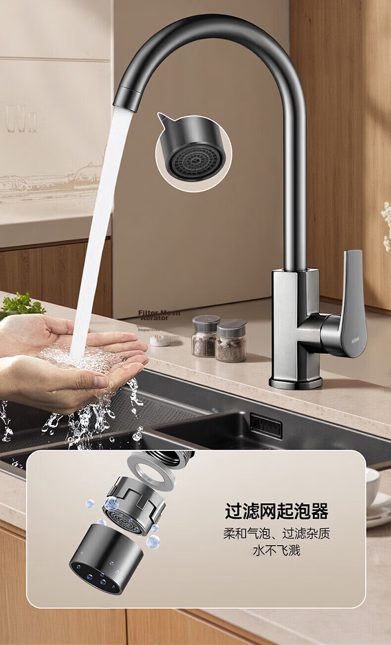 HOMK Seiko Splash-Proof Kitchen Sink Faucet 2-in-1 Rotatable Hot and Cold Water Mixer Tap 10