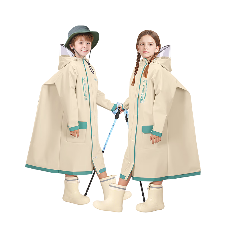 Xtep Kids Raincoat for Elementary School Boys and Girls Long Full-Body Raincoat with Backpack Cover Off-White 2XL
