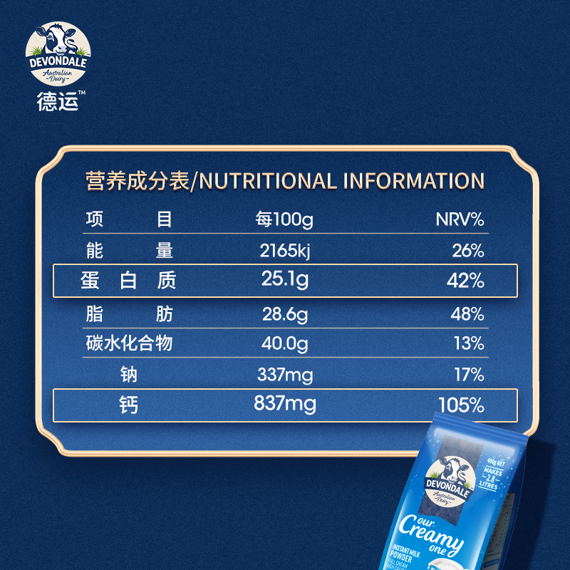 德运（Devondale）全脂成人奶粉400g袋装调制乳粉学生高钙高蛋白澳洲原装进口