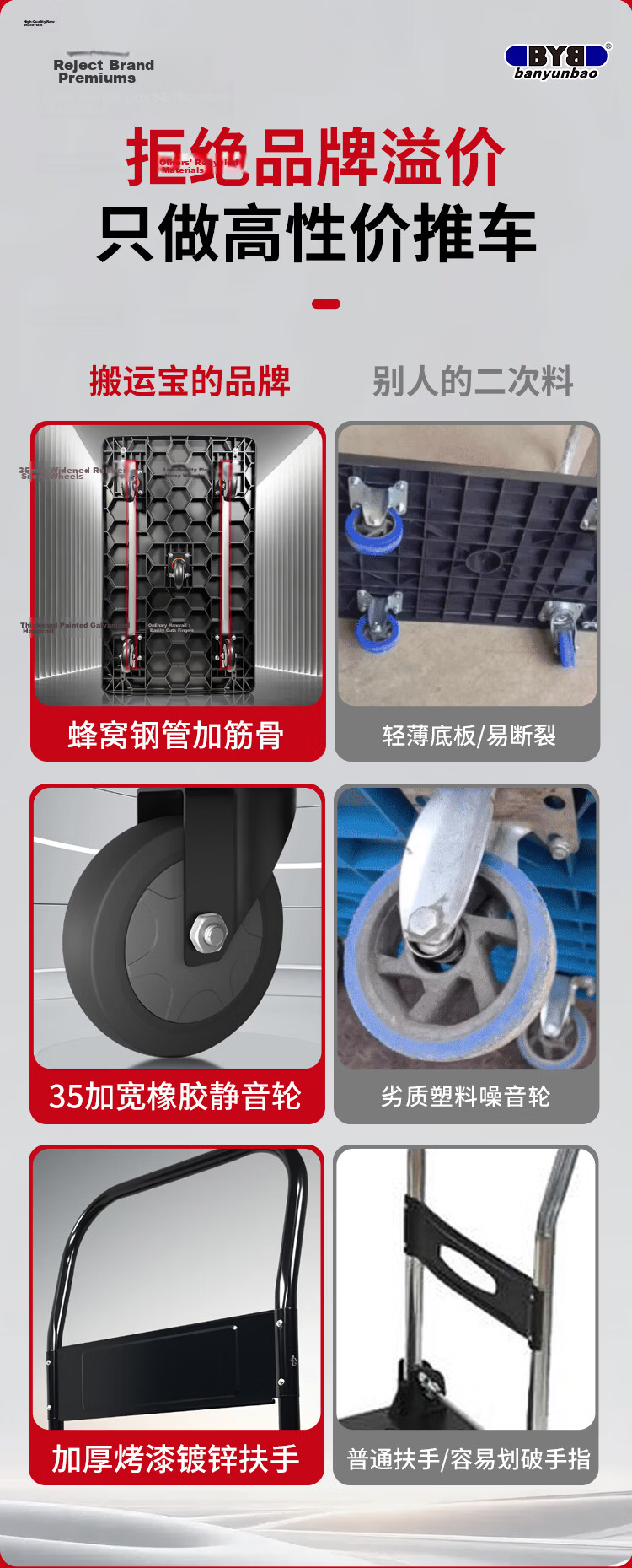 BYB Extended Flatbed Cart Cargo Trolley with Steel Pipe Trailer 1500kg 110x65cm Hand Pull Cart BYB-5110H 8