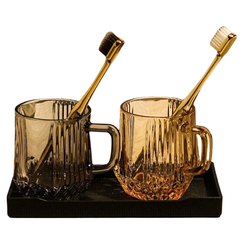 Fanyejia Glass Mouthwash Cup Set of 3, Luxury Style Couple Water Cups for Hotel, Inn, Dormitory, with Brush Handle Tooth Cup