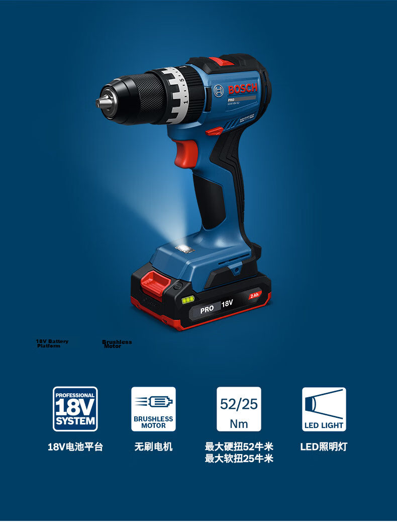 BOSCH Cordless Impact Drill Electric Screwdriver Brushless Lithium Battery GSB 18V-52 Single Battery Black Knight Set 2