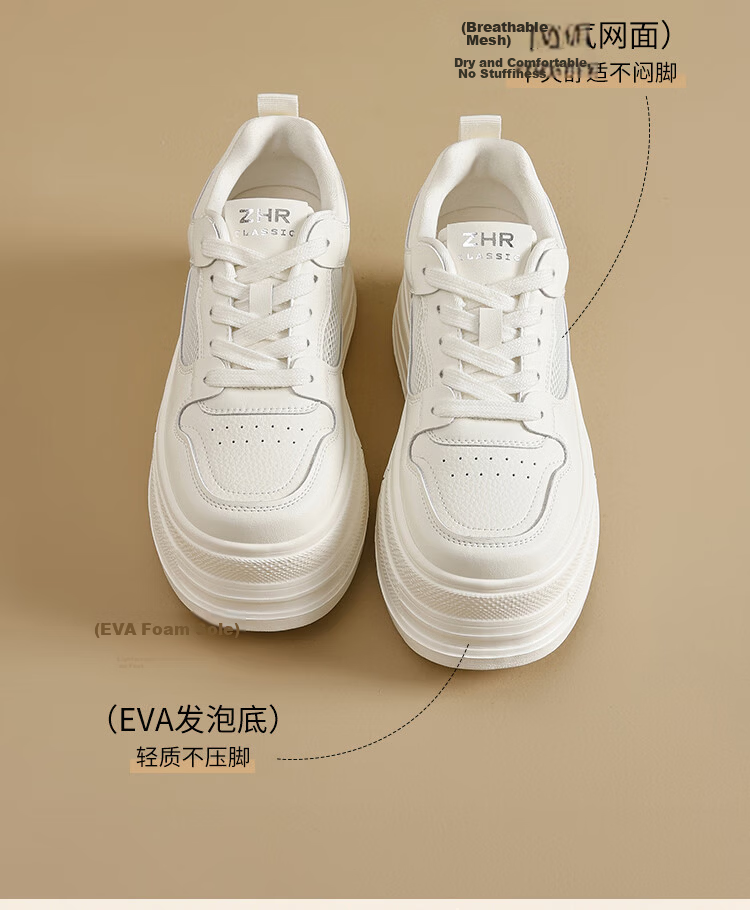 ZHR Women's White Sneakers 2026 New Breathable Mesh Thick Sole 7CM Height Increase Casual Shoes AL32E Off-White Size 36 7
