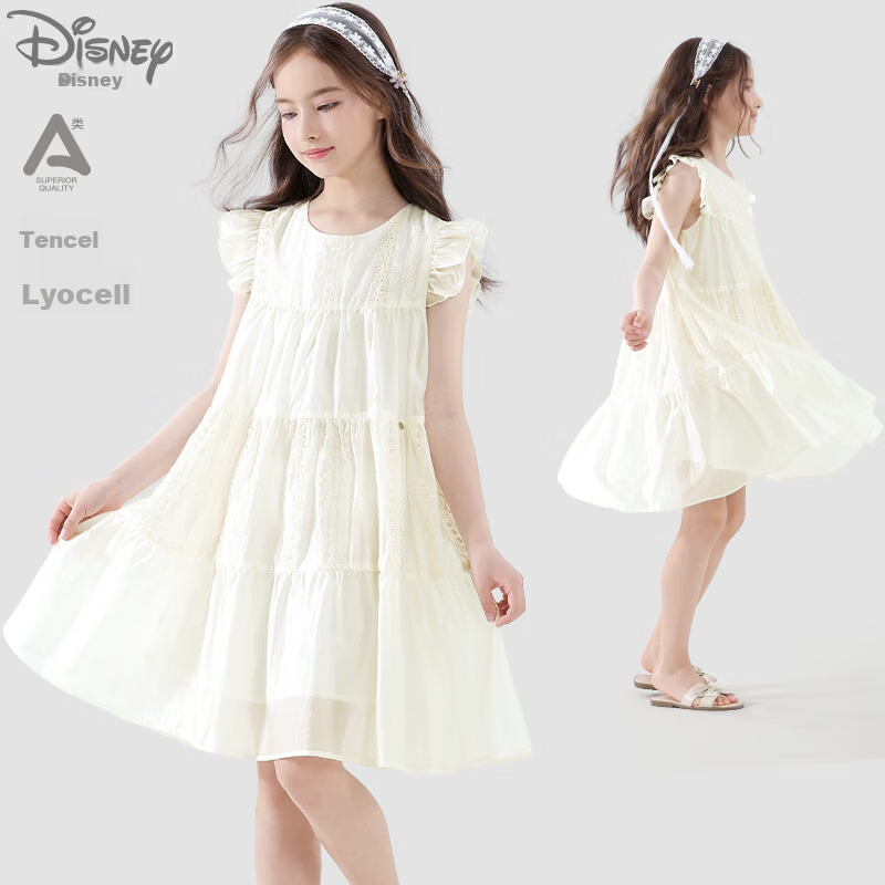 Disney Girls' Tencel Dress Summer New Princess Dress Big Kids Long Dress EQ095 Off-White 130