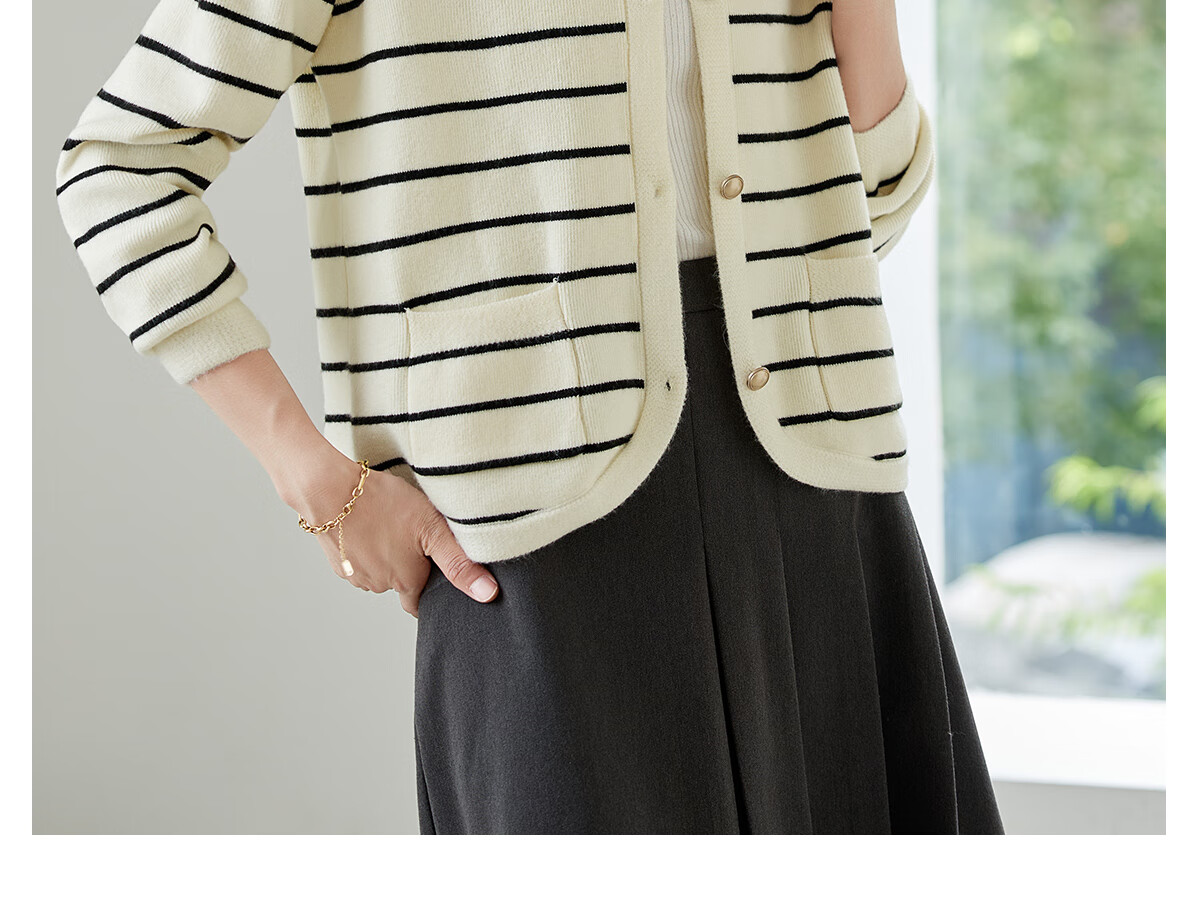 Chushen Spring And Autumn Knitted Cardigan for Women, Versatile Round Neck Fashionable Striped Curved Hem Sweater Jacket Top S143Z1032 14