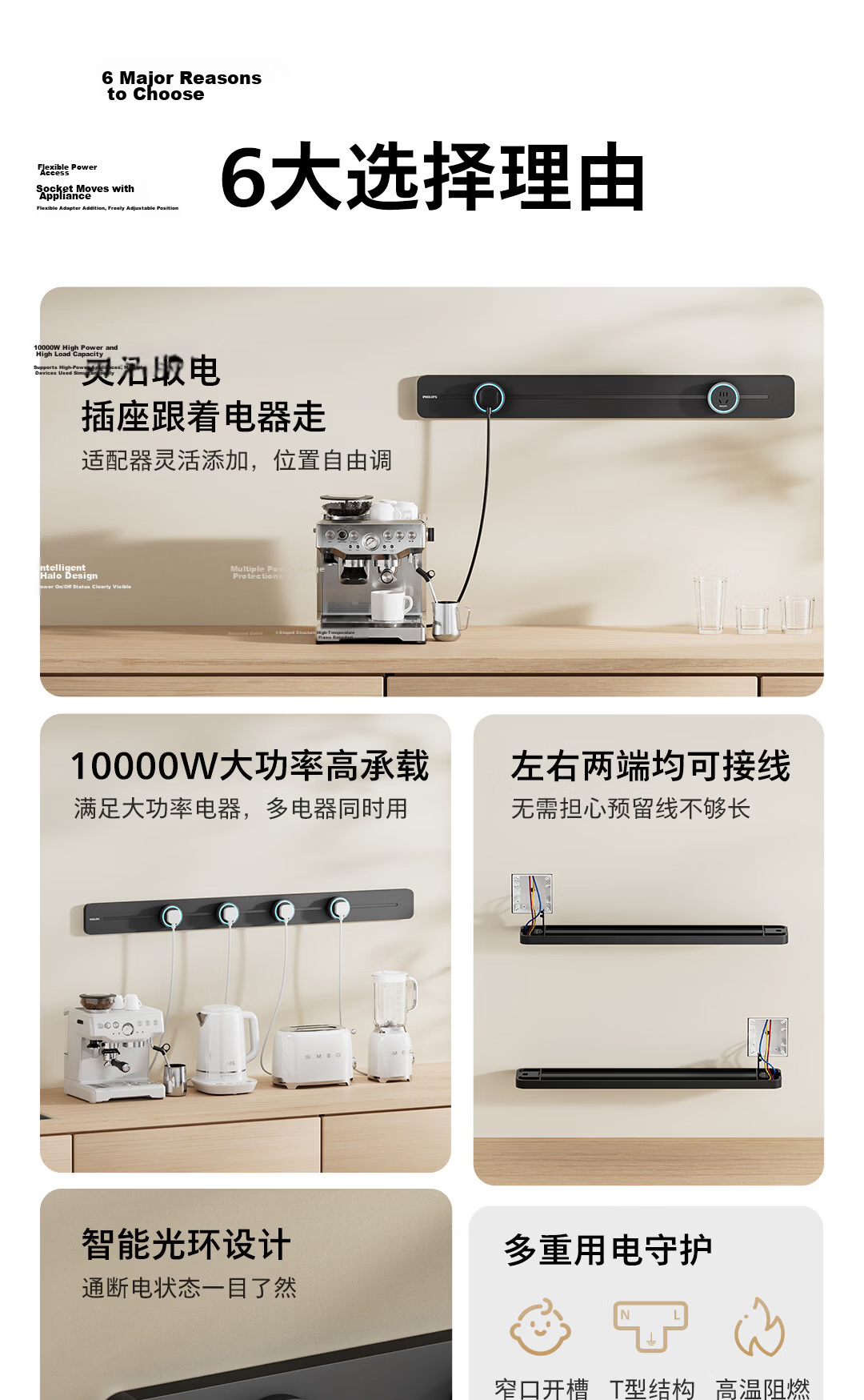 PHILIPS Slim Track Socket Ambient Light Movable Power Strip Wall-Mounted Island Rail 75cm with 4 Adapters Black 2
