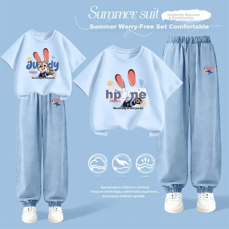Disney Girls Summer Outfit Short Sleeve Tencel Jeans Judy Officer Blue + Bunny Running Light Blue 120