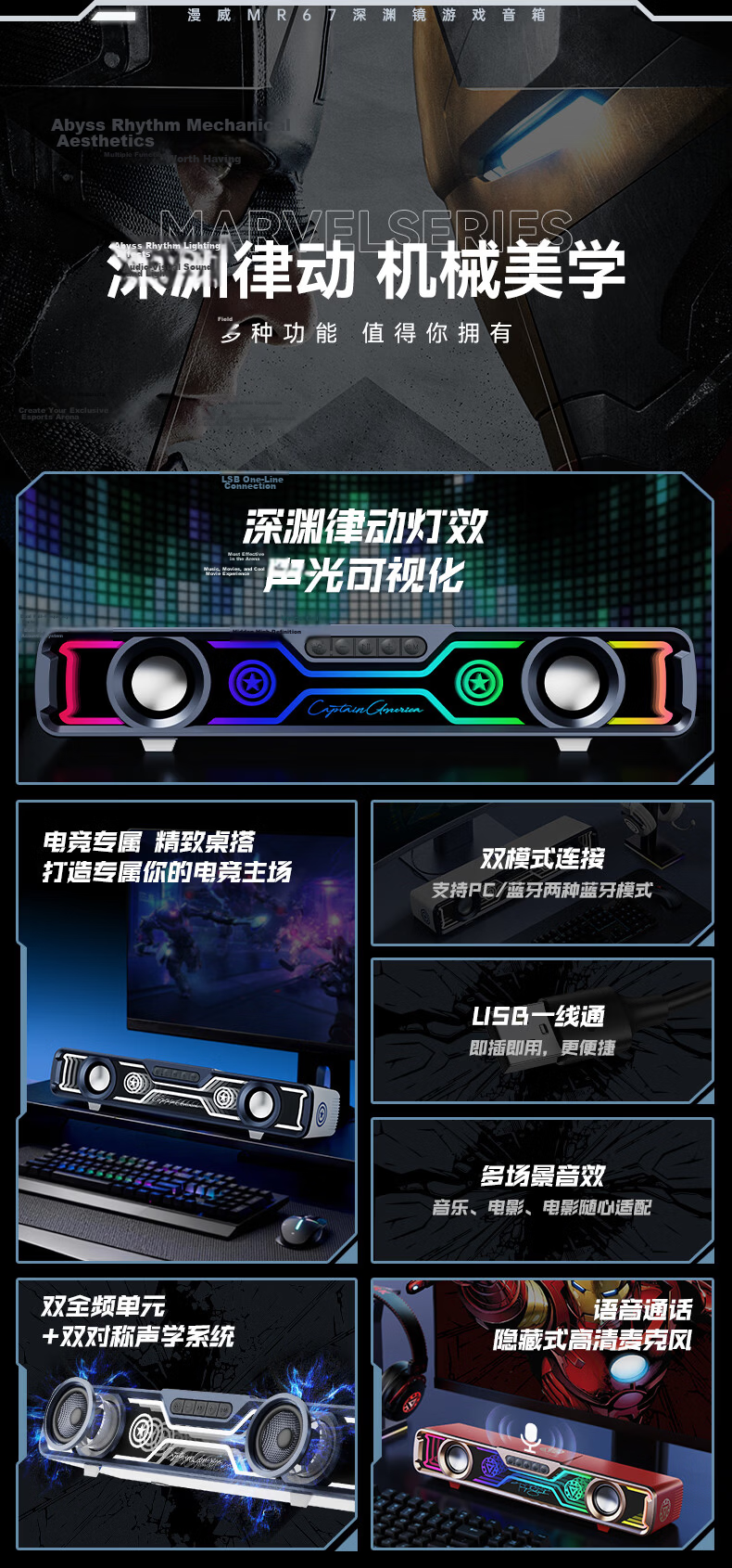 Disney Marvel Desktop Speaker Gaming PC Bluetooth Soundbar Wired Speaker RGB Lighting Subwoofer MR67 Black Panther 2