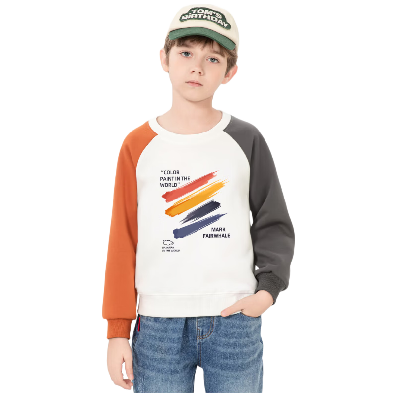 MARK FAIRWHALE Boys' Pullover Sweatshirt Spring and Autumn Crew Neck Raglan Top for Boys White with Orange and Gray, Size 120