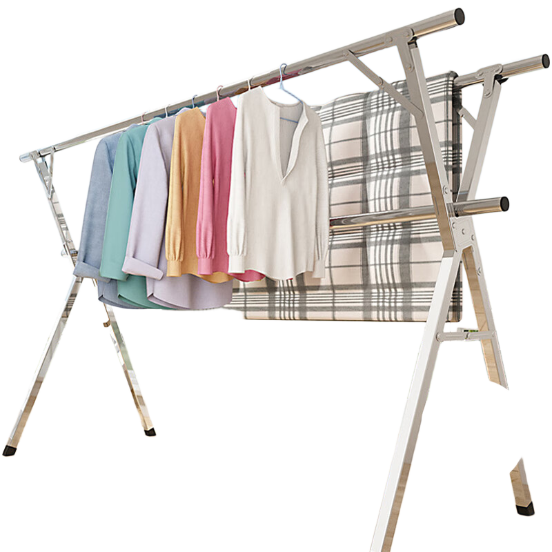 Siwangongli Foldable Clothes Drying Rack with Extendable Rod, Indoor Home Balcony Bedroom Dormitory Stainless Steel Outdoor Drying Quilt Hanger, No Installation Required X-Shaped Three-Rod 2.4 Meters
