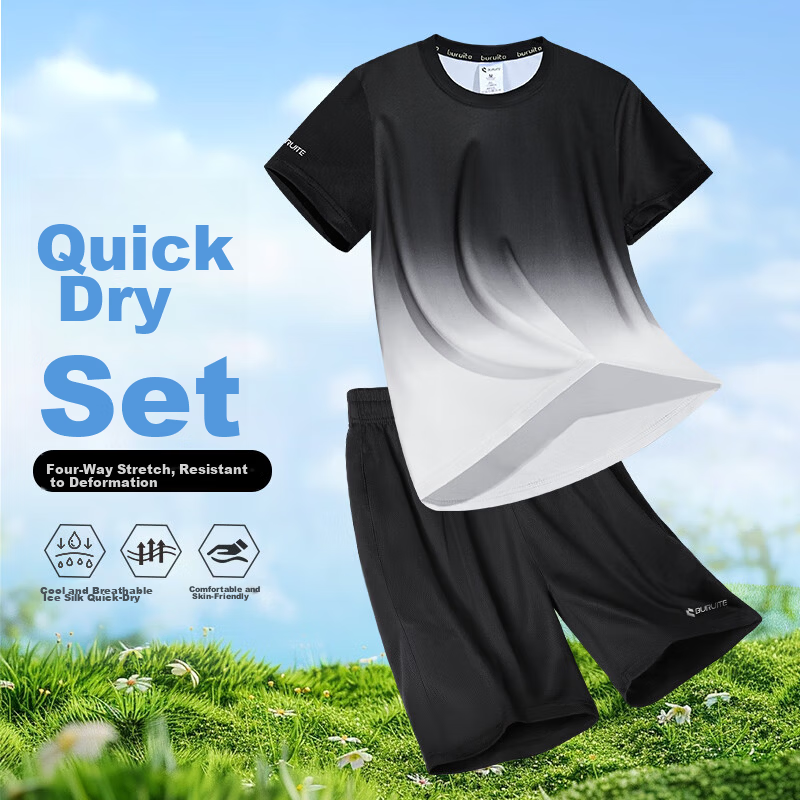 BURUITE Men's Summer Sports Set Short Sleeve Shorts Ice Silk Quick-Dry T-Shirt Athletics Training Fitness Running Basketball Badminton Apparel