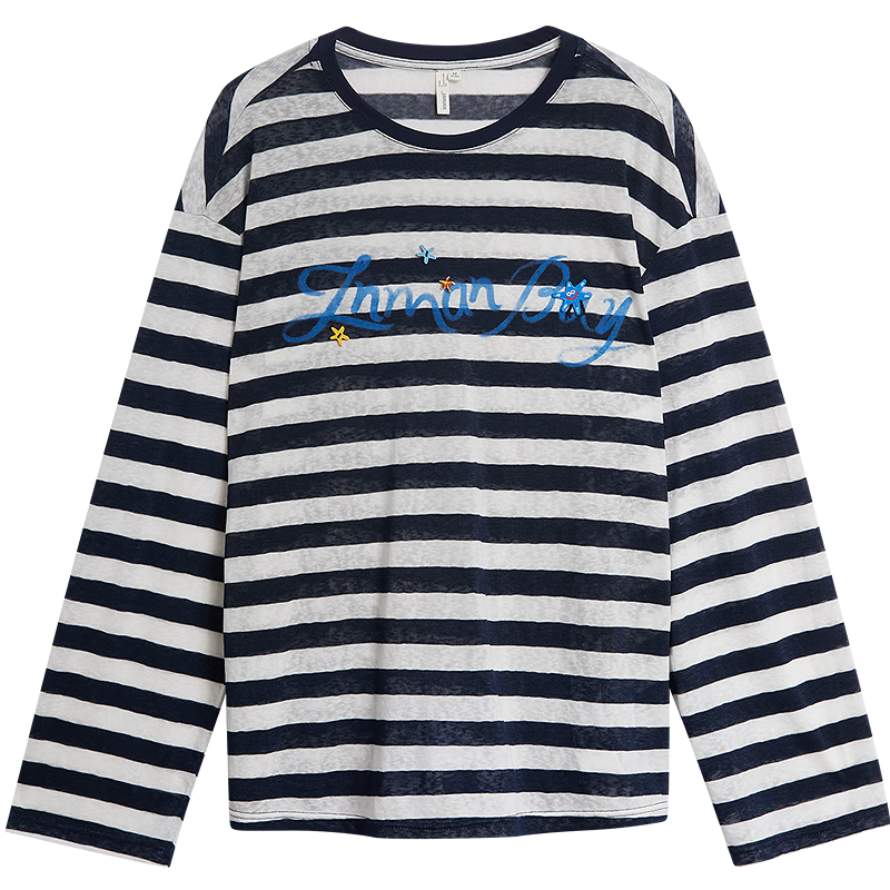 INMAN Lazy Stripe Letter Print Beaded Lightweight T-Shirt 26 Summer New Women's Long Sleeve Top Navy White Stripe L