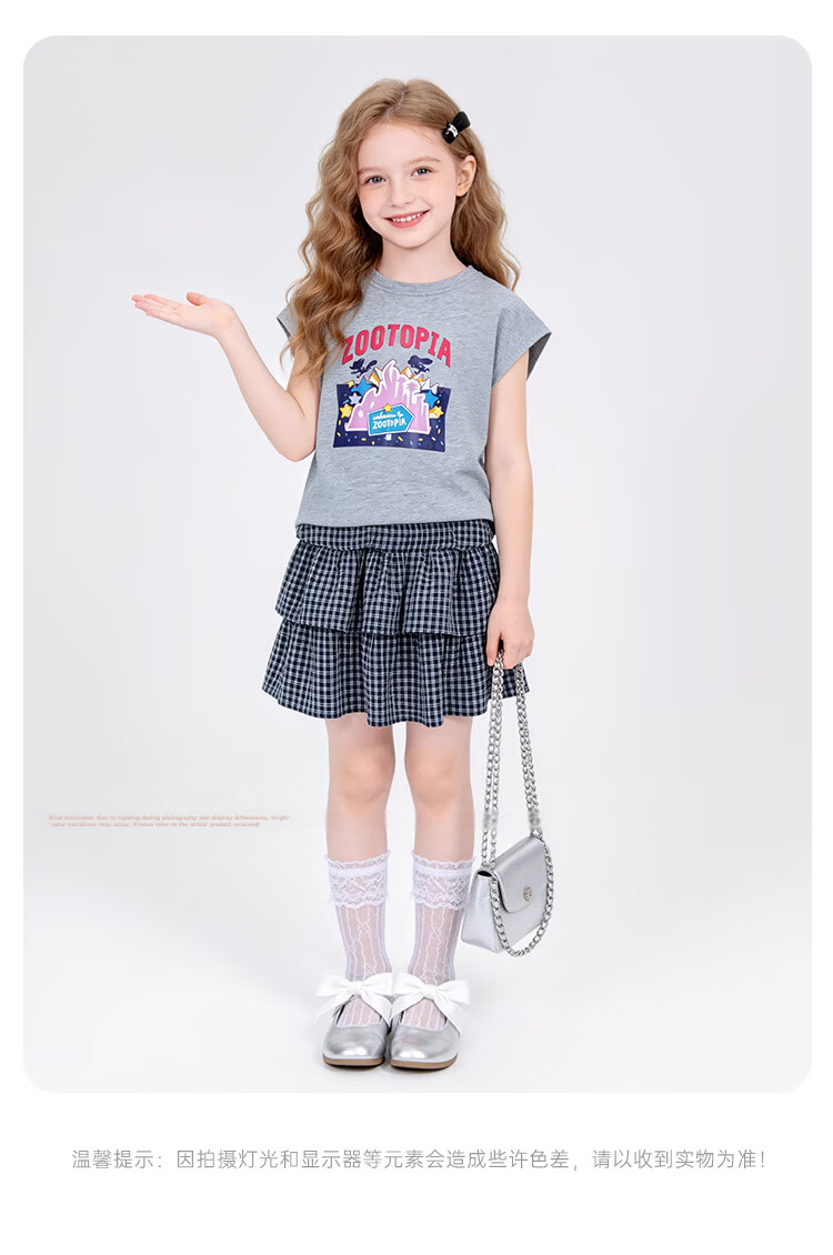Disney Girls' Outfit 2026 Summer New Plaid Short Sleeve Dress Two-Piece Set Girls' Skirt Set 160 19