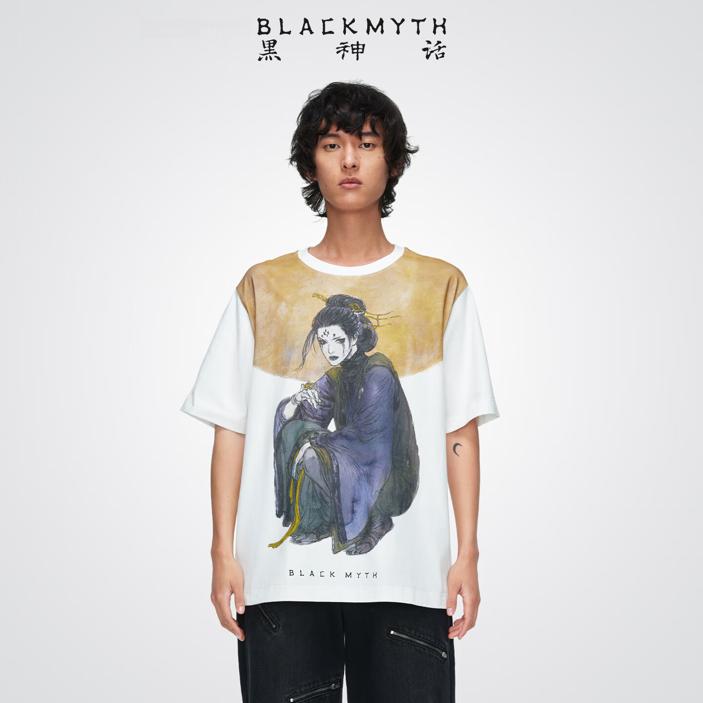 Black Myth Wukong Official Merchandise T-Shirt, Qing Shan Ye Wang Short Sleeve, Unisex Printed Casual Loose Fit, Size S