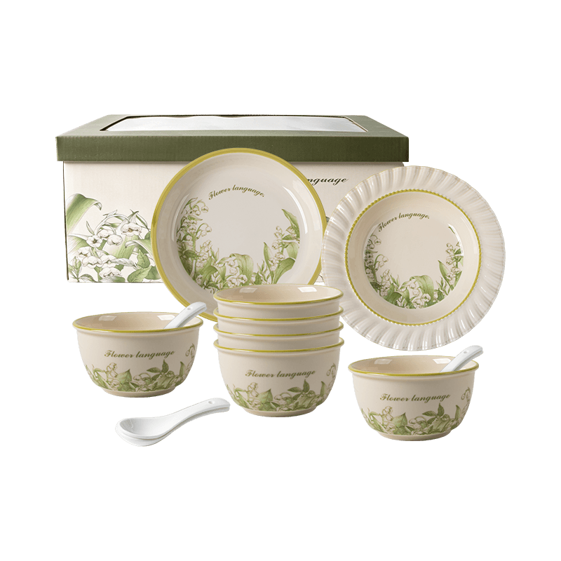 Huaqingge Lily of The Valley 6-Person Set, 14-Piece High-End Cake Box Tableware Gift Box Bowl And Plate Set
