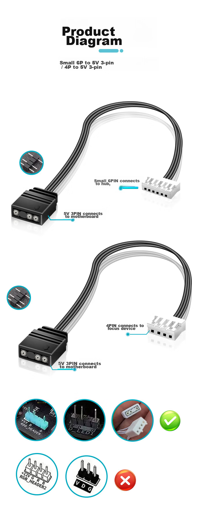 ZHENWEI Motherboard ARGB Lighting Adapter Cable 4P to 5V 3-Pin 30cm 3