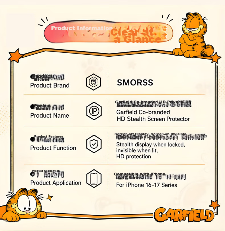 Smorss [2-Pack Garfield Anti-Glare Screen Protector] for iPhone 17 Pro Tempered Glass Film, Apple 17 Pro HD Anti-Fingerprint Garfield Screen Protector 17