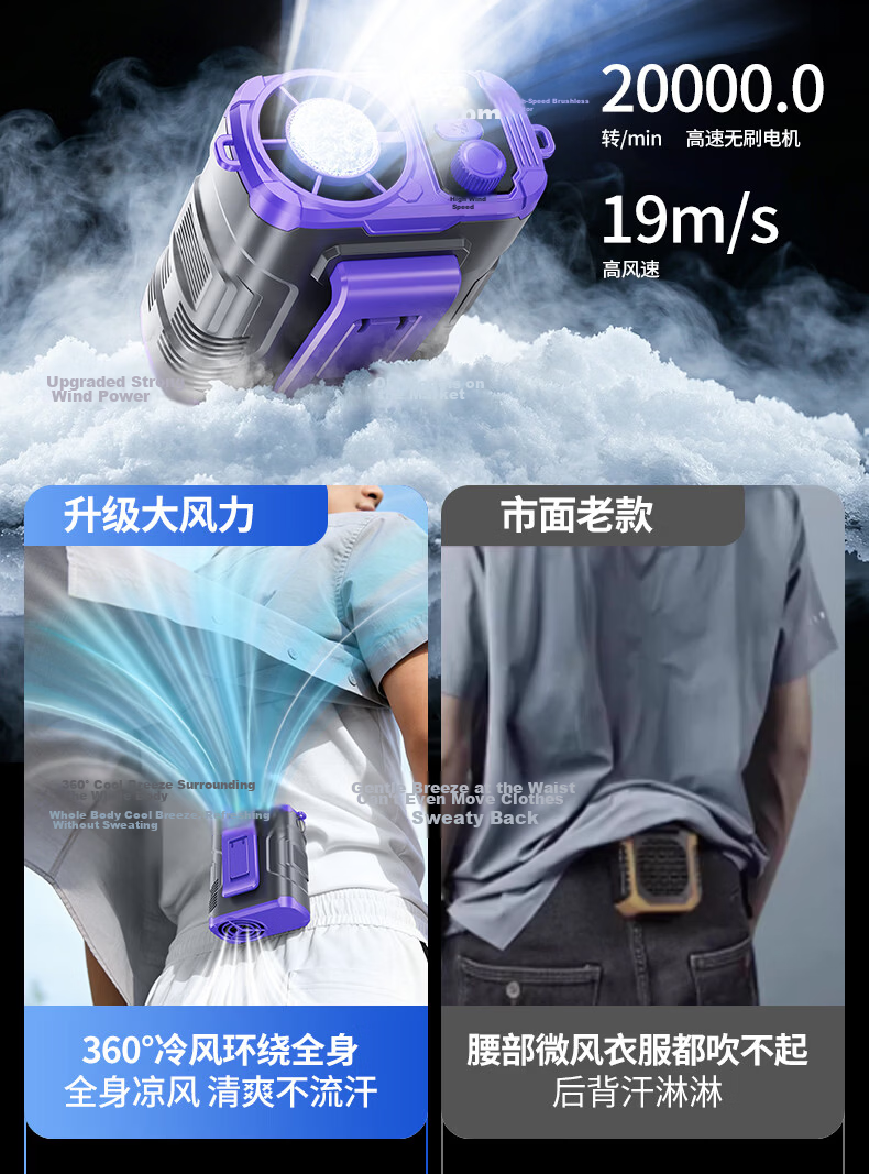 Cobins Portable Waist Hanging Fan Personal Cooling Device Small Fan Outdoor Construction Work High Power Long Battery Life Rechargeable Clip-On Waist Hanging Neck Fan Air Conditioner 5
