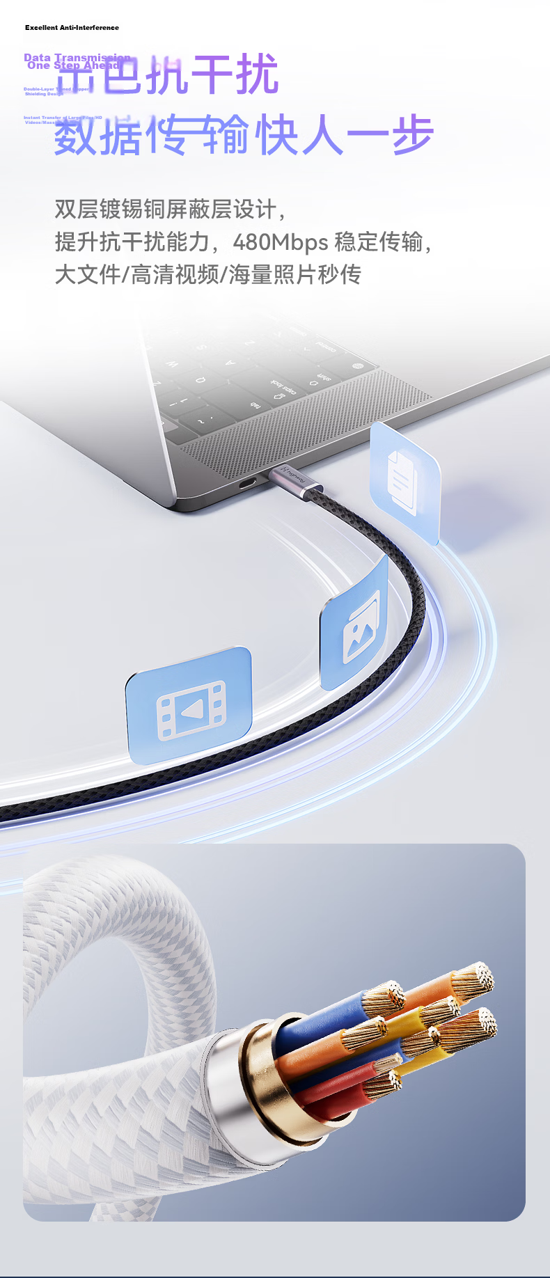 Highsay 240W Fast Charging Cable Apple iPhone 17 Charging Cable iPhone 16 Pro Max Dual Type-C Data Cable Huawei Car Android C-to-C Moonlight White 1.5m 6