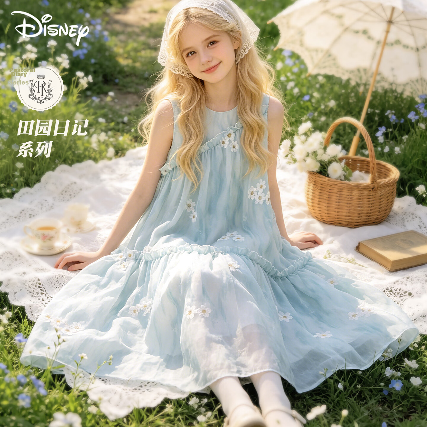 Disney Girls Floral Princess Dress Summer Vacation Long Dress for Big Kids 1A154 Ice Blue 120