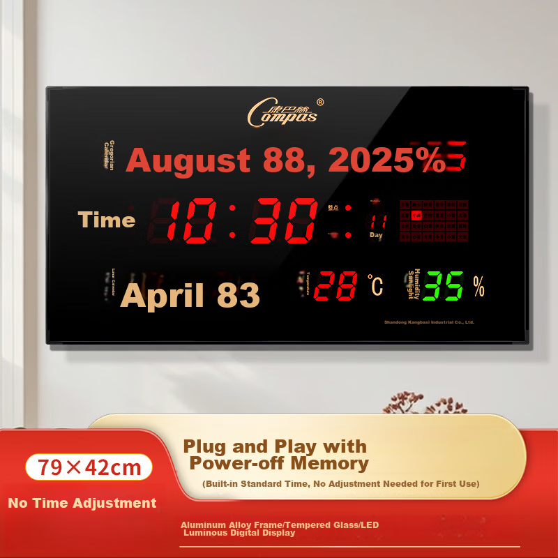 Compas Digital Perpetual Calendar Electronic Information Wall Clock Office School Large Screen LED Wall Clock L79 Humidity 79*42cm
