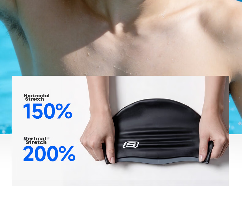 Skechers Unisex Silicone Swim Cap Non-Slip Waterproof Comfortable Long Hair Adult Swimming Cap Matte Black 7
