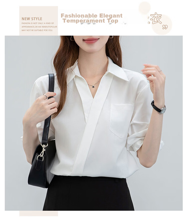 Handu Yishe Women's Short Sleeve Shirt 2026 Summer Commuting V-Neck Light Professional White Blouse M 1